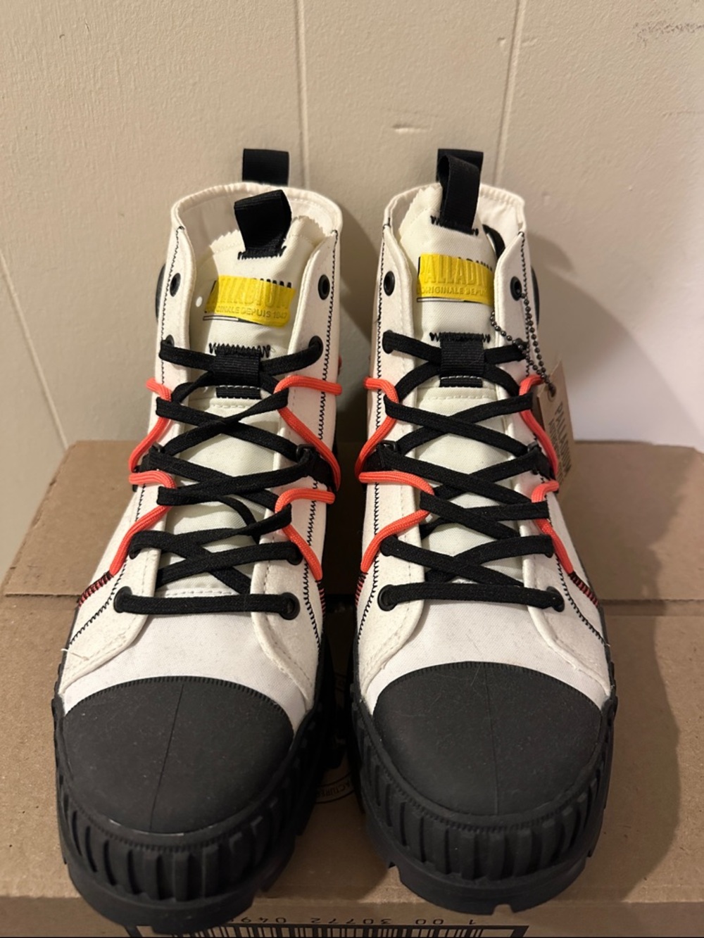Palladium White High-Top Canvas Sneakers with Black Toe and Coral Accents